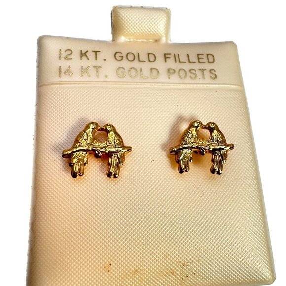 Vtg  Earrings 14K GF Post 12K Gold Fill Love Birds Retro Design Pierced Gift 3 - Picture 4 of 9